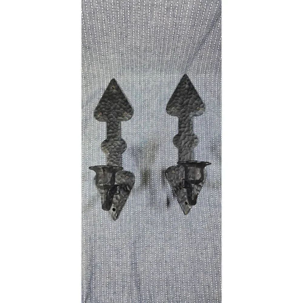 Vintage Hammered Metal Candlestick Holders Black Spade Sconces Robert Emig 1377